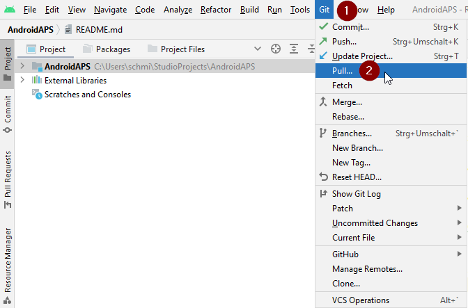 Android Studio Menu - Git - Pull