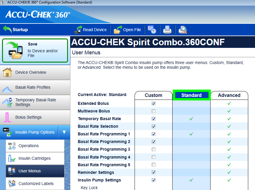 Screenshot of user menu settings